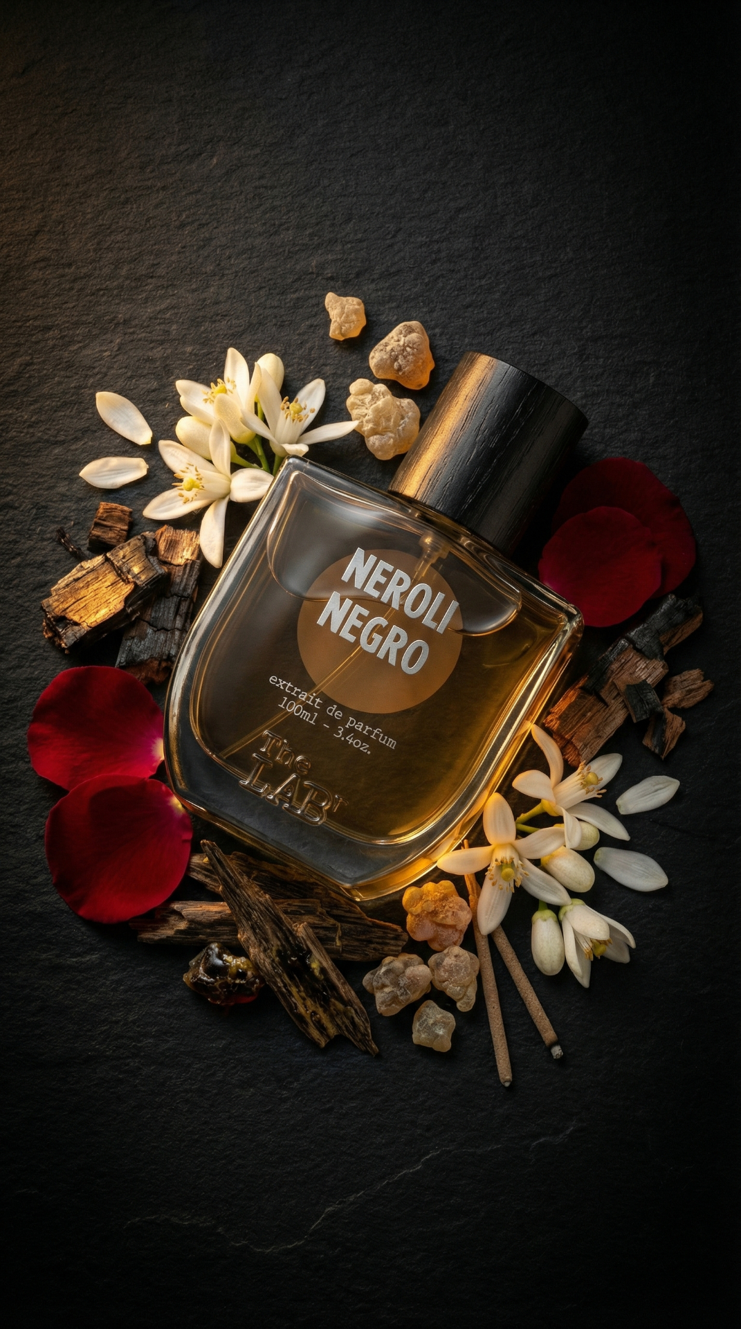 Neroli Negro con flores y madera